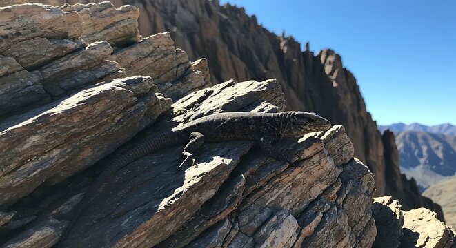 Lizard basking on rocky mountain peak under bright sunlight.