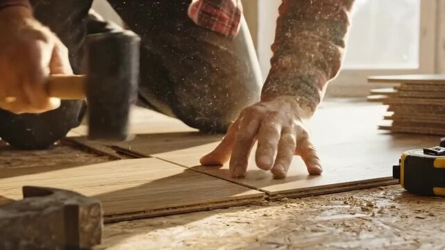 Installing Hardwood Flooring Skilled Carpenter at Work