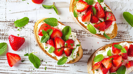 ricotta and strawberry toast, sweet and savory bruschetta, summer bruschetta with mint, chopped strawberry mint bruschetta