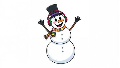 Cartoon depiction of a snowman listening to music with headphones, festive enjoyment