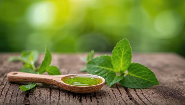 Coleus amboinicus syrup on a wooden spoon, beneficial remedy for common cold