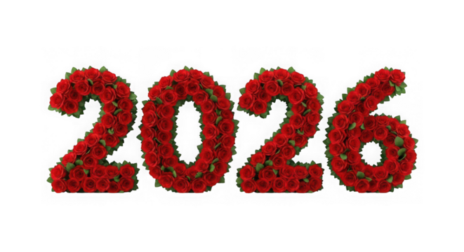 Year 2026 formed by vibrant red roses, perfect for new beginnings