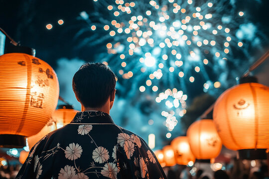 Traditional Kimono Admiring New Year Christmas Fireworks Festival Celebration with Lanterns at Night Generative AI