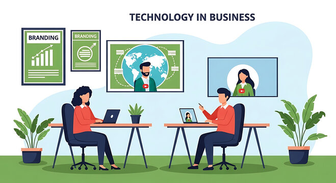 Two people in an office using laptops for video calls with global map and branding charts on wall
