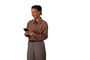 Woman texting on smartphone, smiling while connecting, communicating, and networking, transparent background