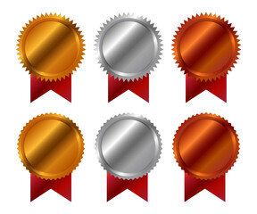 Gold Silver and Bronze Award Badges with Red Ribbons Vector Illustration