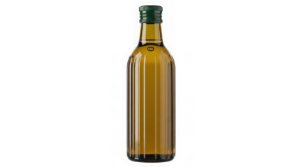 Glass bottle of premium quality olive oil with green cap, studio