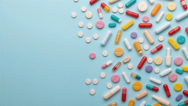 Flat lay of pills and tablets on a blue surface, assessing potential health risks