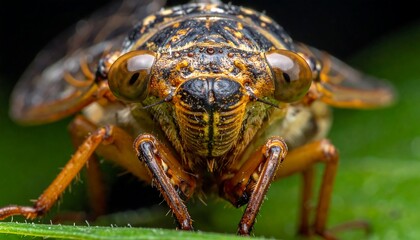 Close-up of a cicada on a green leaf, showcasing intricate details and textures