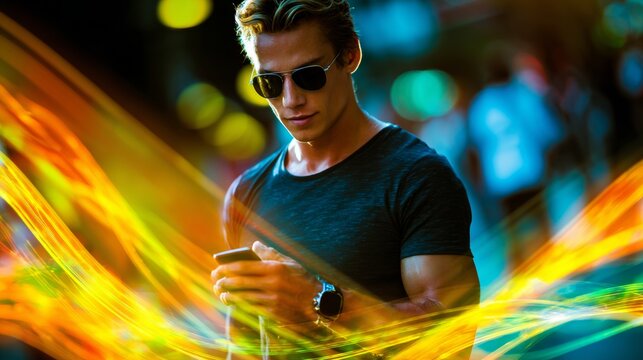 Urban sophistication: a day in the life of a connected professional. Network signals. Digital savvy manager using technology amidst urban life's hustle. Data links. Internet connectivity.