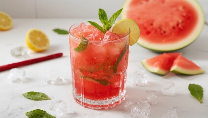 Watermelon mojito beverage featuring fresh red drink with watermelon, lemon, lime, mint leaves, and ice, refreshing summer drink
