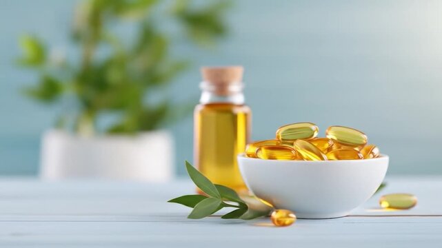 Golden yellow soft gel capsules and essential oil bottle with green leaves for natural health and wellness