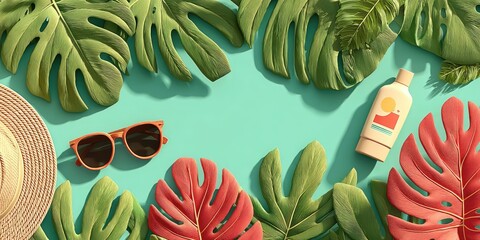 A top-down view of summer flat lay scene with tropical leaves