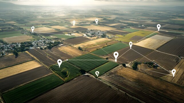 Aerial view illustrates interconnected digital mapping points over patchwork agricultural fields below