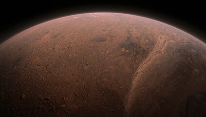 Naklejka premium Perspective of Earth as seen from the surface of the red planet with its rugged terrain and impact craters in the cosmos.