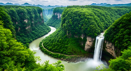 Majestic waterfall cascades through lush green canyon landscape