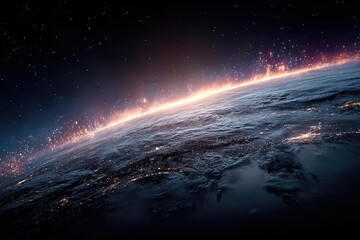 A wide panoramic view of a glowing digital mesh spanning