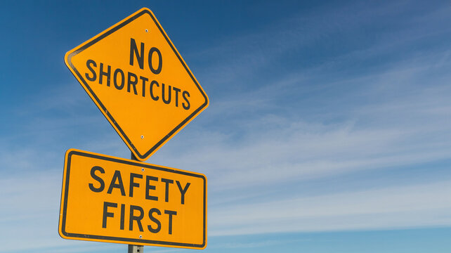 Two yellow road signs against a blue sky one reads no shortcuts and the other reads safety first