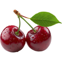 Two fresh ripe red cherries with leaf and sparkling water droplets