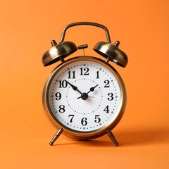 Close-up of a classic brass alarm clock set against a vibrant orange background