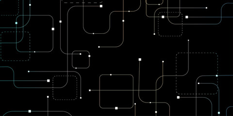 Vector digital technology black background. Concept with technology white line. Abstract futuristic background with crossed lines, dots with squee. Illustration Vector design Network and Connection.	