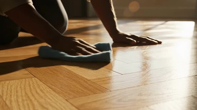 Polished Wood Floor Cleaning with Cloth Maintaining a Gleaming Home Environment