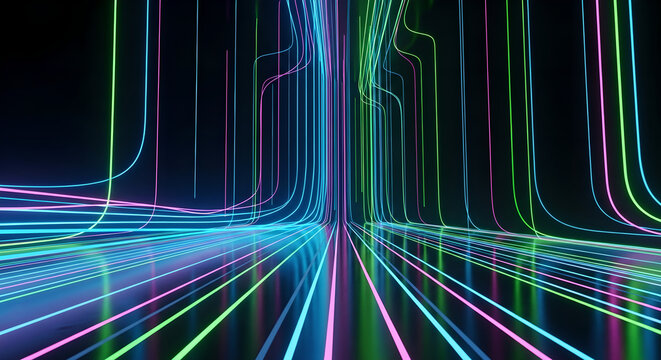 Digital Technology Abstract Background Neon Light Lines Data Flow
