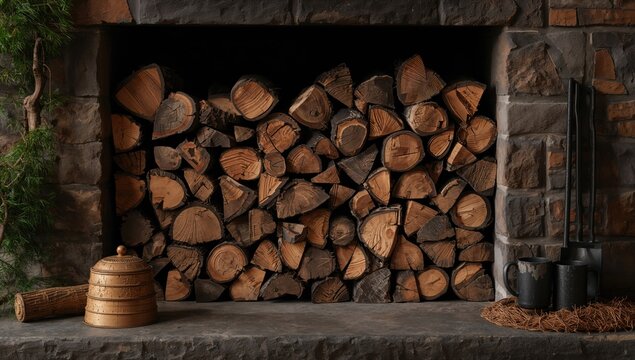 Firewood stacked for use in the fireplace, efficient fuel source