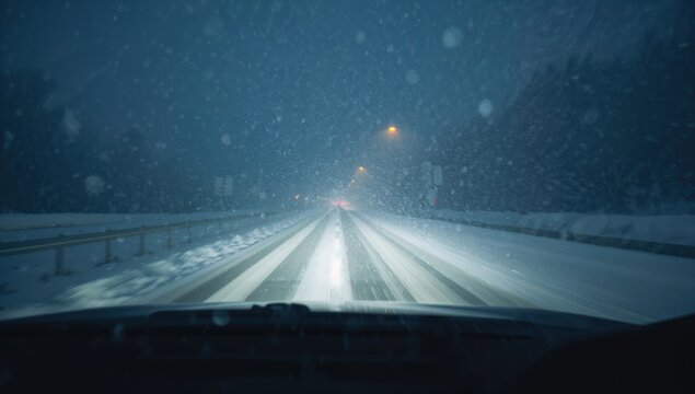 Intense snowstorm hitting a night highway, limited visibility for a vehicle navigating a snowy road
