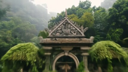 Ancient ornate stone archway entrance with intricate carvings, nestled in lush, misty tropical jungle. Weathered temple ruins in overgrown forest. - Powered by Adobe