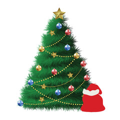 Realistic Christmas Tree Vector Illustration with Lights, Ornaments, and Santa Hat – Festive Holiday Decoration