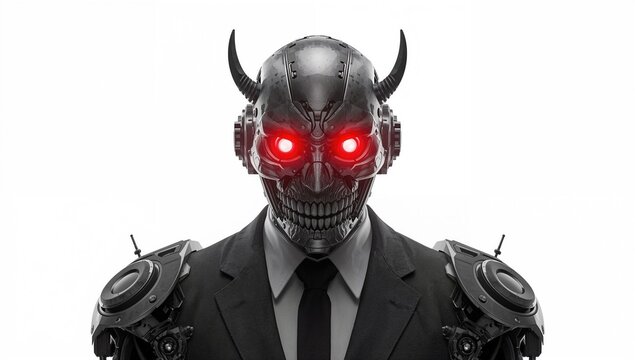 Mechanical cyborg head with sinister intent and neon glow