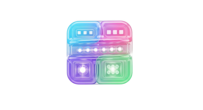 Abstract 3D Icon with Glossy Panels and Rainbow Gradient on application blue isolated on a transparent background