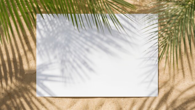 Summer beach scene featuring tropical palm shadows on sandy surface, ideal for editorial header background