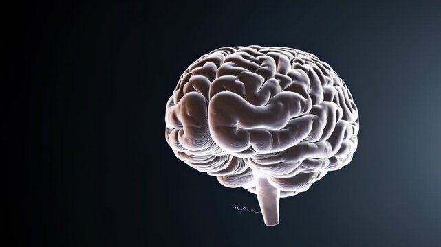3D-rendered brain model in a video still, captured from a side angle. The dark background highlights intricate neural details, creating a futuristic concept.