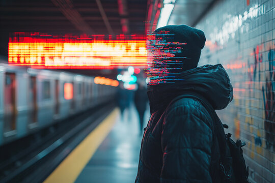 Generative AI glitch art of person silhouette against urban lights and digital rain in abstract futuristic style