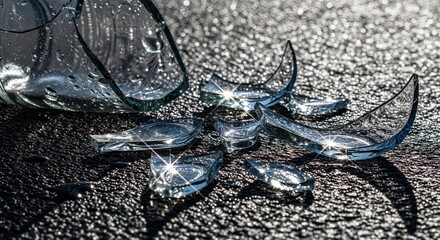Shattered glass pieces scattered on a dark surface. The broken glass reflects light, symbolizing the consequences of alcohol abuse and the need for recovery.