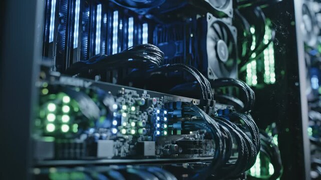 Inside a Gaming Computer, Cables and Cooling Fans Lit by Rgb