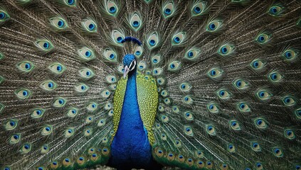 Obraz premium A male peafowl displaying its colorful plumage, showcasing iridescent feathers with eye-like patterns, seasonal change