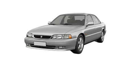 Fototapeta premium Front view of a silver honda legend sedan car parked on a black background in a studio setting