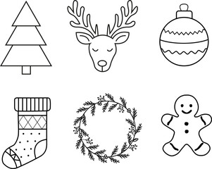 Minimalist Christmas and New Year line icons set tree, reindeer, wreath, stocking, bauble, and gingerbread man outline illustration