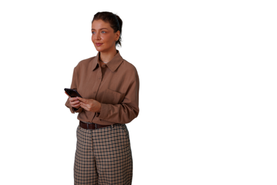 Woman holding phone, messaging, interacting with mobile app, browsing social media, thinking, transparent background