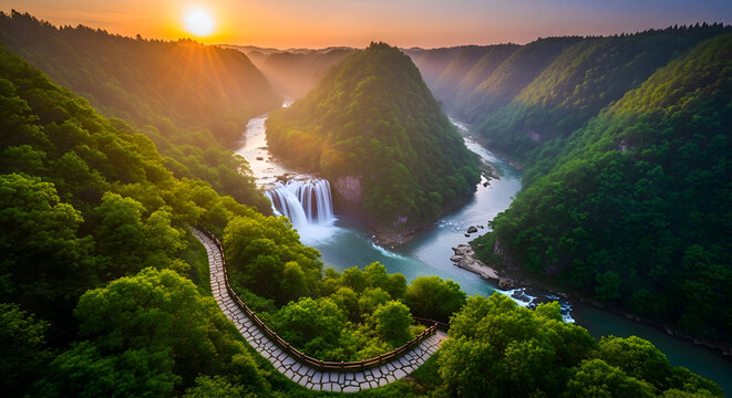 Majestic waterfall cascades through lush green canyon at sunrise