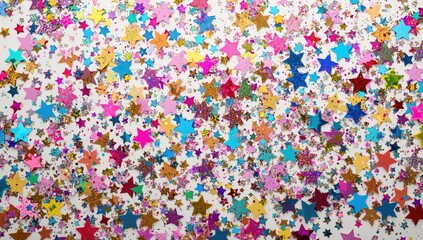 Colorful confetti stars scattered on a white backdrop, ideal for festive design