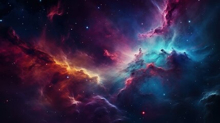 Naklejka premium A vibrant cosmic scene showcasing colorful nebulas, stars, and swirling gases, evoking a sense of wonder and the vastness of space.