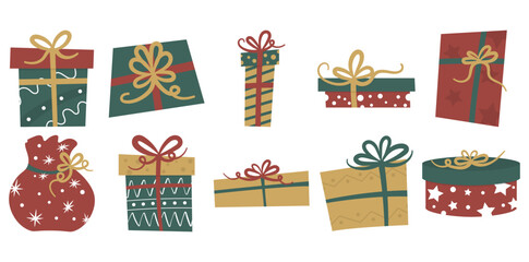 Flat Christmas Gift Box Set &ndash; Cute Holiday Presents and Festive Wrapping Elements