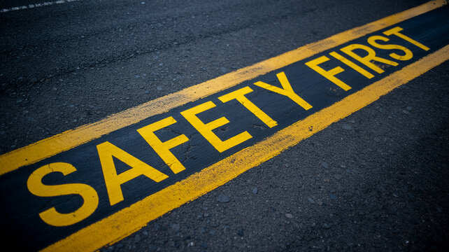 Close up of safety first message painted in yellow on dark asphalt surface with textured look outside
