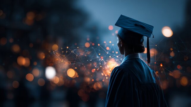 Bridging traditional and digital: modern education evolves. Internet connection illustration. The dawn of digital learning: holographic education and graduates. Social connection idea.