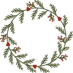 Christmas wreath with green pine branches and red berries, festive holiday decoration, New Year floral frame, winter botanical illustration