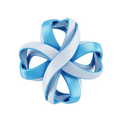 Abstract 3D Rendered Intertwined Blue and White Ribbons Forming a Complex Shape swirl isolated on a transparent background
